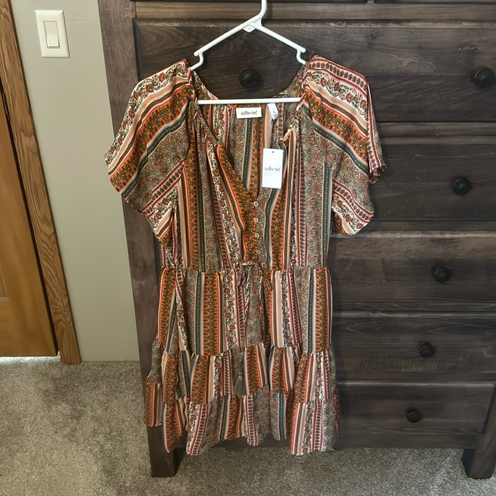 Willow & Root Dress.   Multi color with V neck, buttons, and tie at waist.